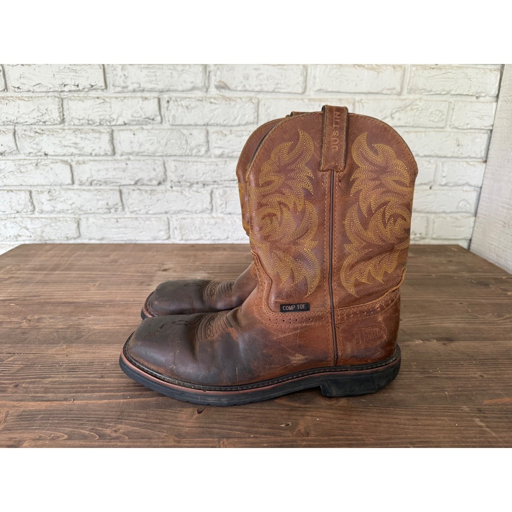 Justin Brown Leather Composite Toe Western Work Boots Men's Size 10.5D